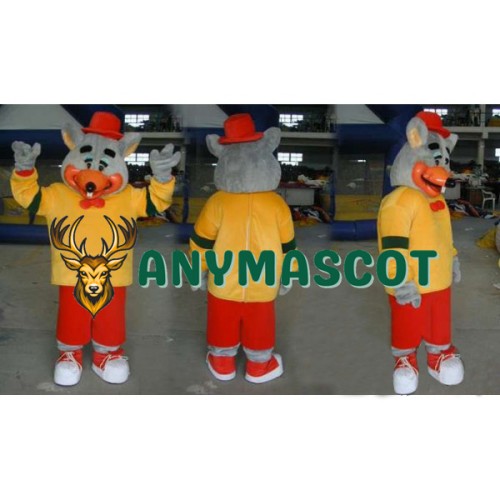 Gray Mouse In Yellow And Red Outfit Mascot Costume