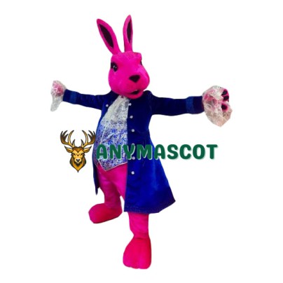 Pink Rabbit Mascot Costume With Blue Suit