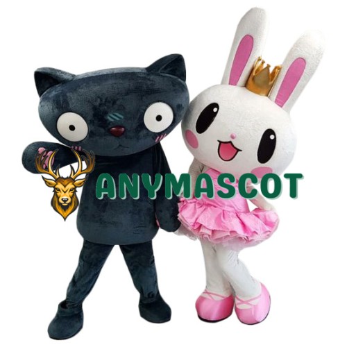 Cute Black Cat & White Pink Rabbit Mascot Costume