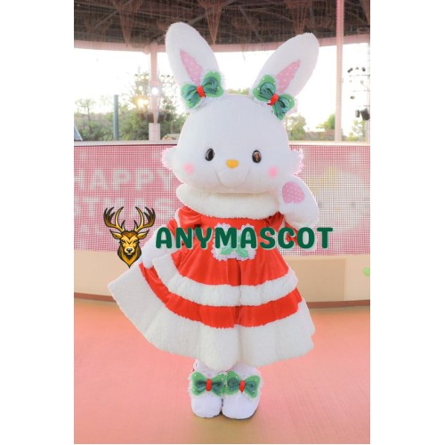 White & Pink Rabbit Bunny Mascot Costume With Red Dress