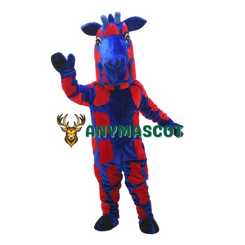 Blue & Red Realistic Giraffe Mascot Costume