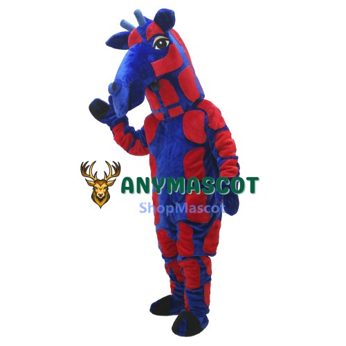 Blue & Red Realistic Giraffe Mascot Costume