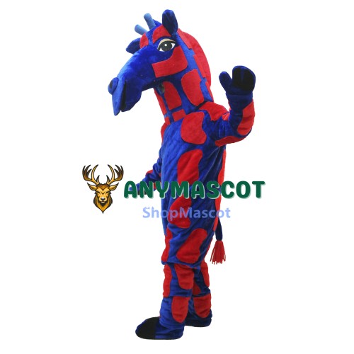 Blue & Red Realistic Giraffe Mascot Costume