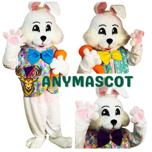 Friendly Realistic White Easter Bunny Mascot Costume