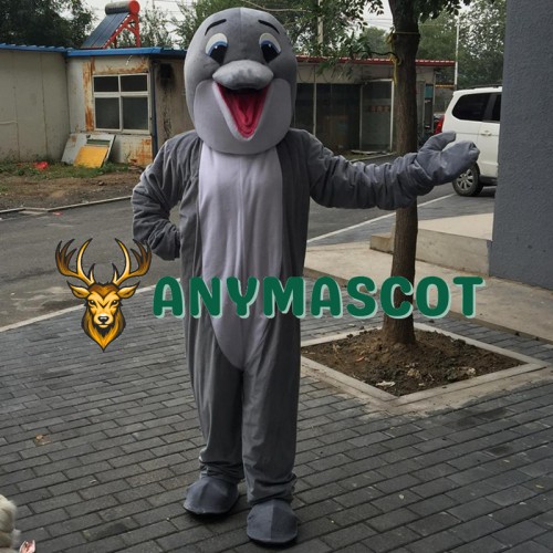 Gray Happy Dolphin Mascot Costume