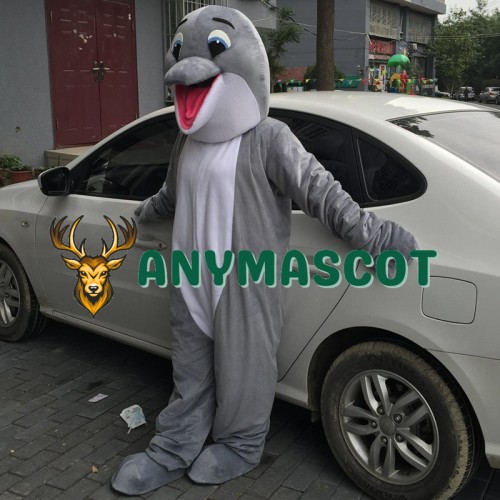 Gray Happy Dolphin Mascot Costume